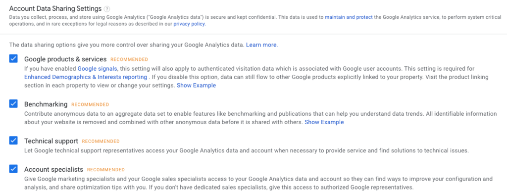 Account data sharing settings - How to setup google analytics