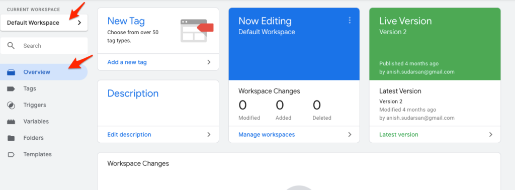 Google Tag Manager Workspace Overview - Add Google Analytics code to website