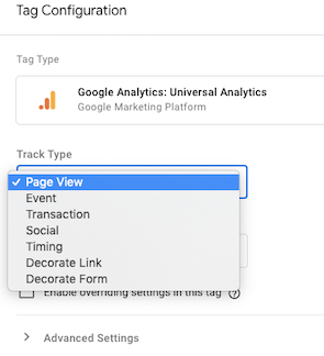 Track Type - Google Tag Manager - Google Analytics code to WordPress
