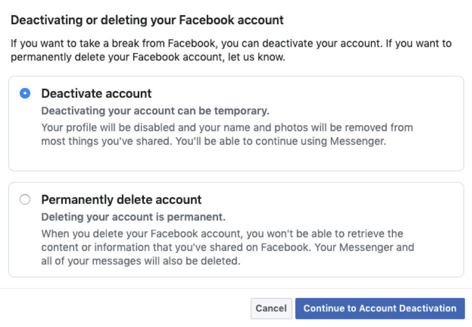 How to deactivate your Facebook account - deactivate account