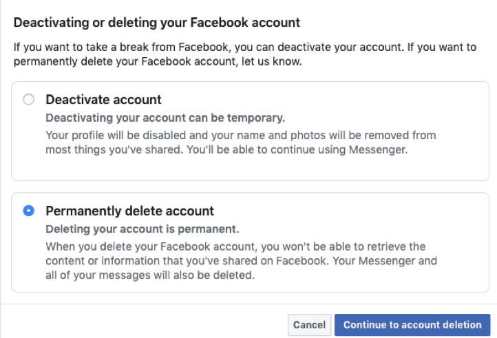 How to delete your Facebook account - account deletion