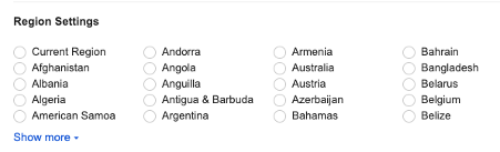 Google Search Result for different Country - Region Settings section