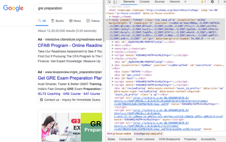 Google Search Result for different Street - Open Chrome Developer Tool - Ad Preview