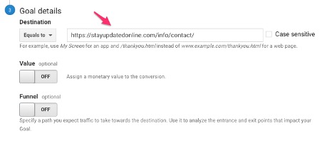 Set up goal in Google Analytics - Destination based - Goal Details