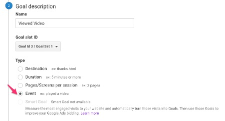 Set up goal in Google Analytics - Event based - Goal Description