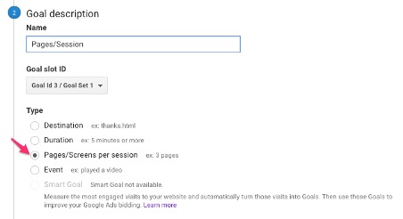 Set up goal in Google Analytics - Pages per based - Goal Description
