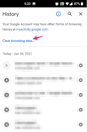 Delete Google History - Mobile - Click Clear Browsing Data